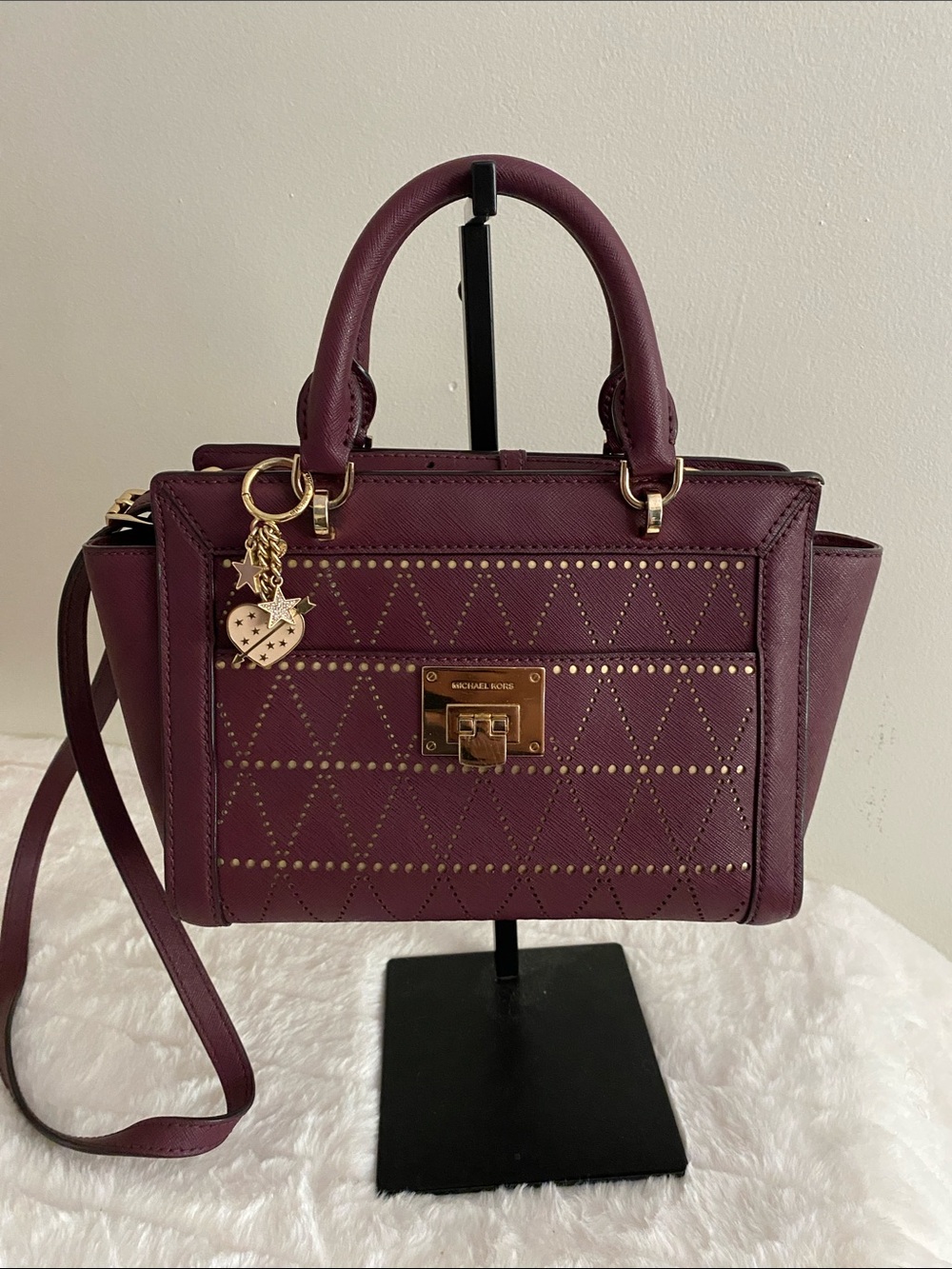 Michael Kors Small Tina Top Zip Messenger Satchel/ Shoulder Bag in Plum and Gold